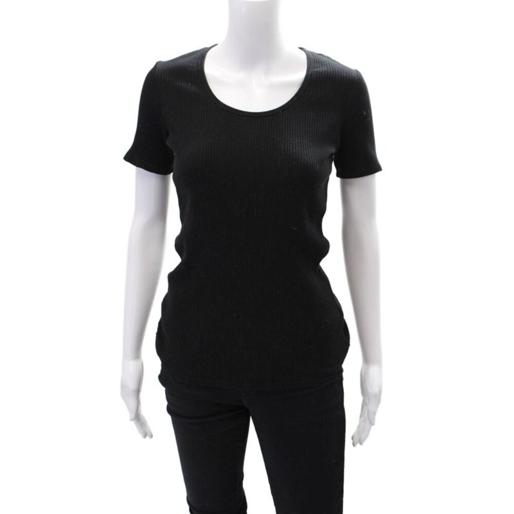Meg Womens Ribbed Cotton Scoop Neck Short Sleeve Tee Top Black Size Small